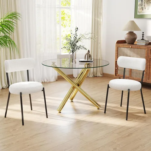 Miniatura 21 de Juego de mesa de comedor redonda de cristal negro para 2, juego de mesa de cocina pequeña y moderna de 36 pulgadas con 2 sillas de comedor tapizadas
