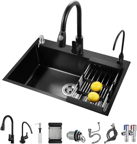 ARTLINE Fregadero de cocina negro, fregadero de un solo cuenco de acero inoxidable, fregadero de estación de trabajo de caída/montaje superior con