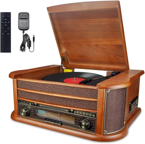 Miniatura 8 de BIGMONAT Tocadiscos todo en uno con altavoces incorporados, reproducción inalámbrica, tocadiscos de 3 velocidades, tocadiscos de vinilo caoba