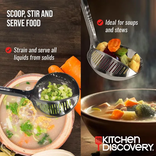 Miniatura 2 de Cucharón colador de acero inoxidable – Kitchen Discovery – Cucharón colador 2 en 1 para sopas y guisos drena líquidos de sólidos. Cucharón