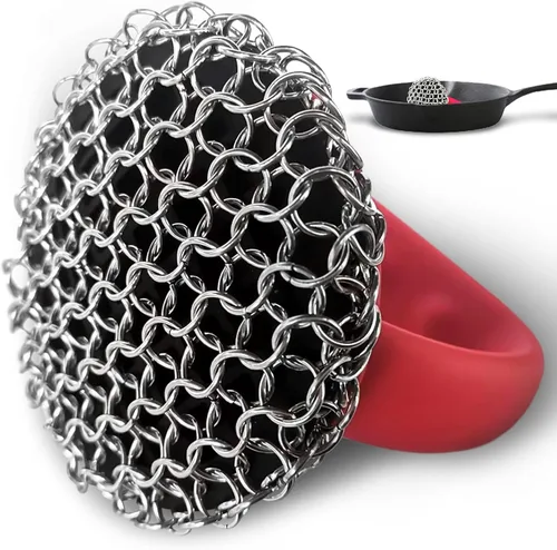 Limpiador de hierro fundido con mango 316L (limpiador ergonómico antideslizante para sartenes de hierro fundido, sartenes y hornos holandeses -