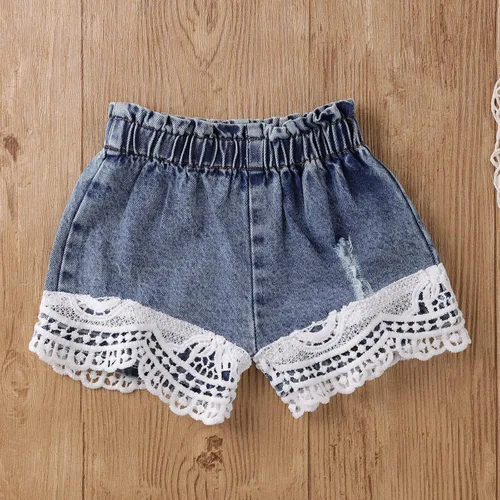 Miniatura 9 de ODIMAME Conjunto de ropa para bebé niña con encaje blanco + jeans rasgados + diadema, conjunto de ropa de verano de 3 piezas