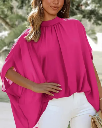 Miniatura 62 de BTFBM Blusas de verano para mujer, cuello alto falso, manga murciélago, holgadas, dobladillo alto y bajo, blusas informales de gran
