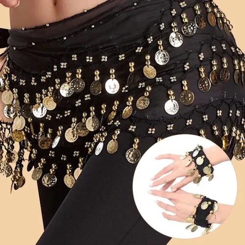 Miniatura 6 de Bufandas para la cadera de danza del vientre, faldas onduladas para mujer, envueltas con 128 monedas de oro, 11