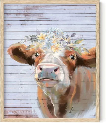 Miniatura 34 de HAUS AND HUES Arte de pared de vaca rústica, estampado de animales de granja con flores (sin marco, 12 x 16)