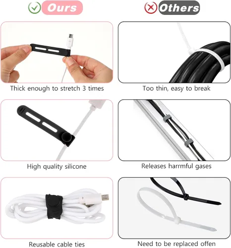 Miniatura 3 de Molain Sujetacables reutilizables, 20 correas de cable multifuncionales de silicona ajustables, organizador de cables para cables de carga