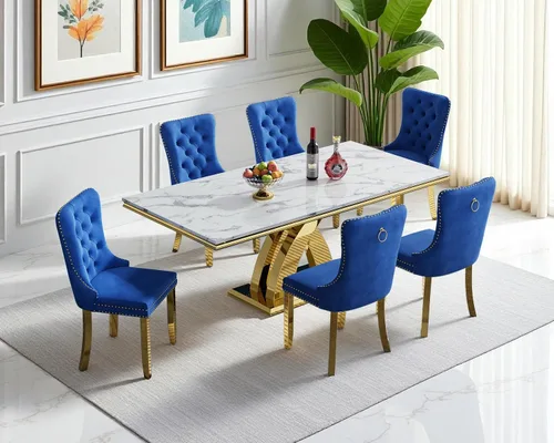 Miniatura 73 de Moderno juego de mesa de comedor de mármol sintético de 68.11 pulgadas para 6, mesa de comedor de mármol blanco y plateado con 6 sillas de Blanco