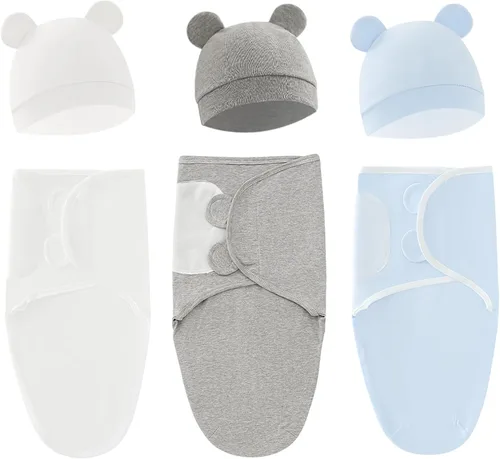 Miniatura 16 de Juego de saco de dormir para bebé con gorro para bebés de 0 a 3 meses, paquete de 3 unidades, algodón suave para recién nacidos, para niñas y niños