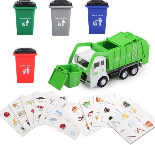 FIVEDAOGANG Pequeño juego de juguetes de camión de basura alimentado por fricción, incluye contenedor de carga frontal, 4 cubos de basura y tarjetas
