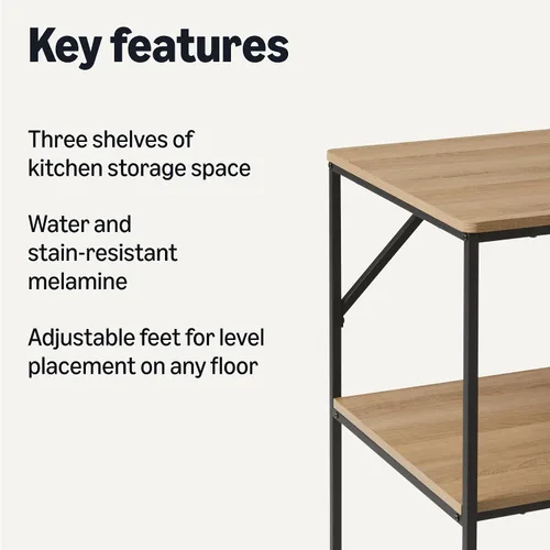 Miniatura 3 de Amazon Basics Isla de cocina con 3 estantes de almacenamiento, efecto negro y roble, superficie de melamina, pies ajustables