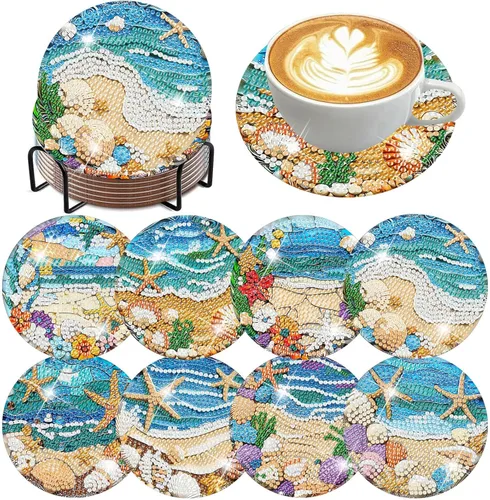 Miniatura 30 de ijbnhd 8 posavasos de pintura de diamante al atardecer con soporte, posavasos de arte abstracto de diamantes para principiantes, suministros