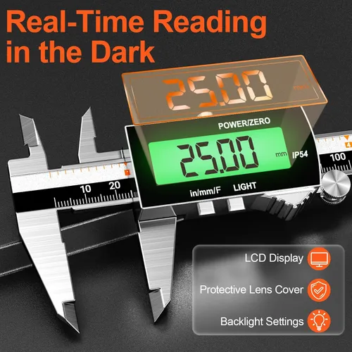 Miniatura 3 de Preciva Calibre digital de retroiluminación, micrómetro electrónico recargable impermeable IP54 de 6 pulgadas con pantalla LCD, conversiones