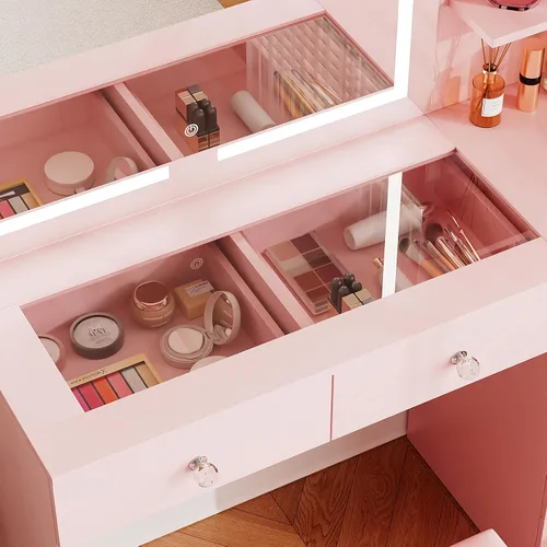 Miniatura 3 de VOWNER Tocador con espejo iluminado: escritorio de maquillaje con parte superior de vidrio y 7 cajones, 3 estantes de almacenamiento