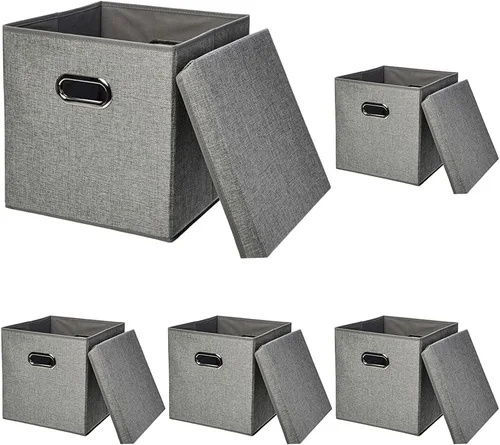 Miniatura 6 de Amazon Basics Cubo de almacenamiento plegable de tela de arpillera con tapa, apilable y resistente, gris, juego de 2