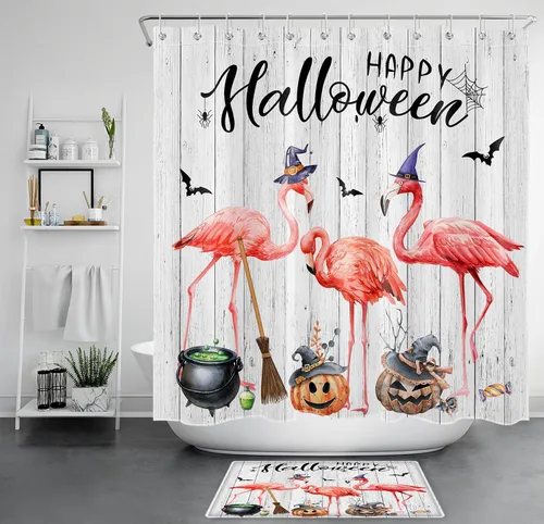 Miniatura 29 de LB Cortina de ducha de feliz Halloween para baño, flamenco rosa y calabaza naranja con sombrero mágico, cortina de ducha de tela con ganchos, juego