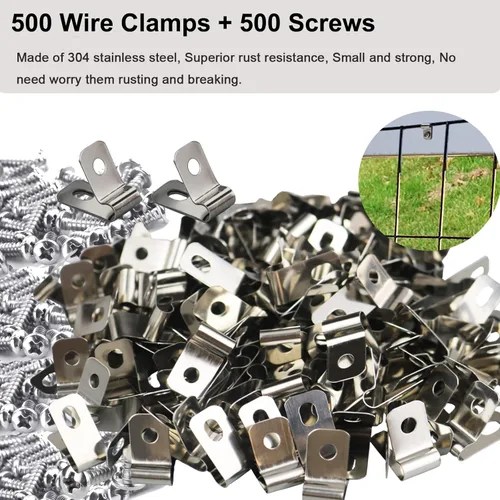 Miniatura 7 de Yowlieu 500 piezas de abrazaderas para alambre de valla con 500 piezas de tornillos, acero inoxidable, para cercas de alambre calibre 12-16, plateado