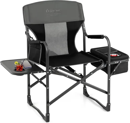 COSTWAY Silla de camping plegable, silla de director de alta resistencia soporta 400 libras para adultos con mesa auxiliar, bolsa refrigeradora,