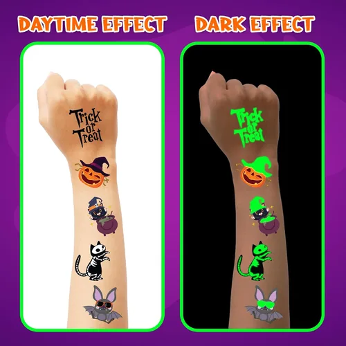 Miniatura 3 de ArtCreativity Tatuajes temporales individuales de Halloween que brillan en la oscuridad para niños, juego de 144 tatuajes en 12 diseños
