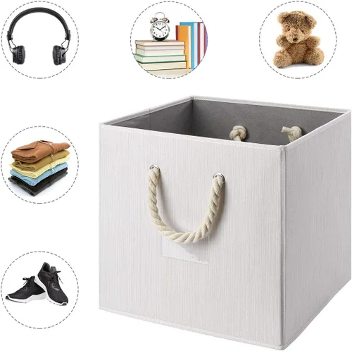 Miniatura 3 de Contenedores plegables de almacenamiento de tela de bambú beige y blanco, organizador resistente con asa de cuerda de algodón para oficina en casa