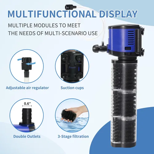 Miniatura 2 de TARARIUM Filtro de Acuario 260GPH para Tanque de Peces de 30-75 Galones, Filtración Interna Sumergible Bioquímica Silenciosa Bomba Potente
