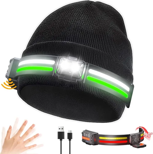 EGUKU Gorro recargable para la cabeza, 1200 lúmenes, gorro brillante con luz, haz ancho de 260°, unisex, 11 modos de iluminación, sombrero con luz