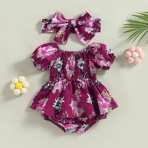 Miniatura 3 de Mameluco de verano para bebé, vestido de verano, camisola de lino y algodón, con diadema, sin mangas, estampado, conjunto de 2 piezas