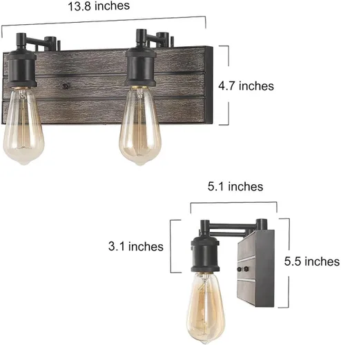 Miniatura 5 de LOG BARN Lámparas de baño de granja, 2 luces de tocador para baño, 13.8 pulgadas de madera sintética rústica, luces de iluminación sobre espejo