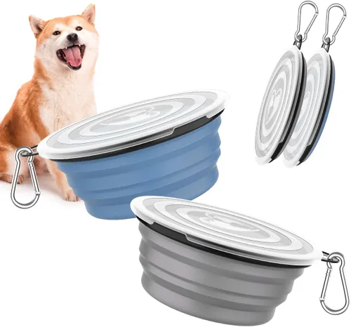 Miniatura 8 de Pawaboo Cuencos plegables 2 en 1 para perros, cuencos dobles para comida y agua, cuenco de silicona portátil de 180° con gancho de metal, comedero