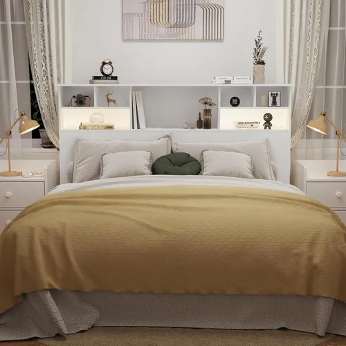 Miniatura 2 de Cabecero tamaño King para dormitorio, elegante cabecero de estantería con estación de carga integrada y 2 luces LED, tablero de madera de ingeniería