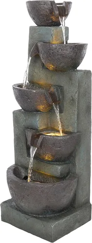 Alpine Corporation TZL390 Elegante fuente de cascada de cuencos de 5 niveles para exteriores con luces LED para jardín, patio, jardín trasero y