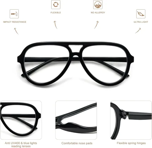 Miniatura 3 de AMOMOMA Paquete de 3 Gafas de Lectura Aviador Retro Extragrandes para Mujeres y Hombres, Marco Grande Clásico con Filtro de Luz Azul