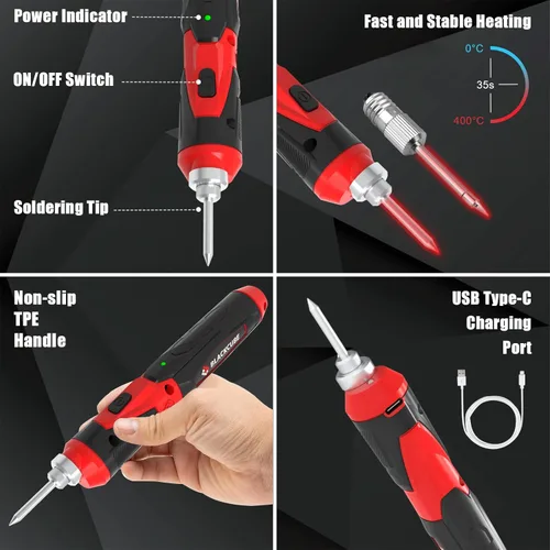 Miniatura 3 de BLACKCUBE Kit de soldador inalámbrico, portátil de 2000 mAh, recargable por USB, herramientas de soldador con foco LED, máximo 878 ℉, calentamiento