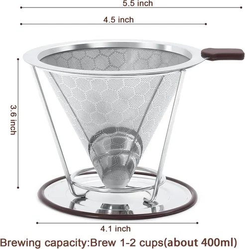 Miniatura 9 de Gotero de café, Filtro de acero inoxidable MISETTO, fácil de limpiar, cafetera sin papel, filtro reutilizable, gotero cónico con taza extraíble