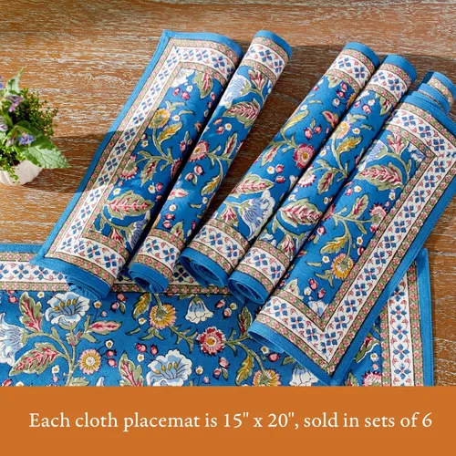 Miniatura 3 de Saffron Marigold Juego de 6 manteles individuales de tela azul, 100% algodón de calidad, tapete de cocina antideslizante para mesa de comedor