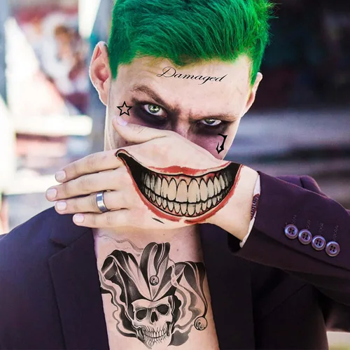Miniatura 6 de VANTATY 6 hojas de tatuajes 3D Joker para hombres, adultos y mujeres, tatuajes temporales de Halloween para mujeres, niñas, niños, calcomanías de B