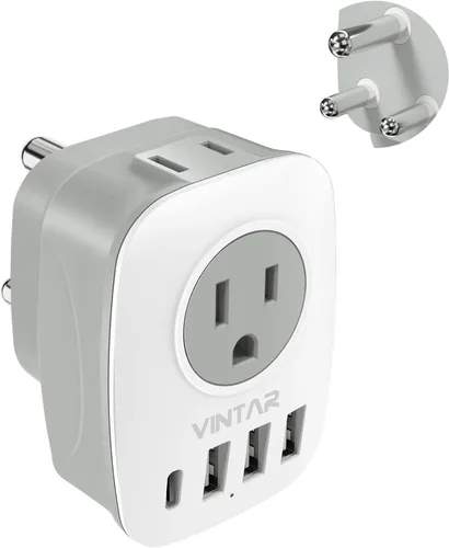 Adaptador de enchufe de Sudáfrica, adaptador de enchufe VINTAR tipo M con 1 USB C, 3 puertos USB y 2 enchufes americanos, adaptador de viaje 6 en 1