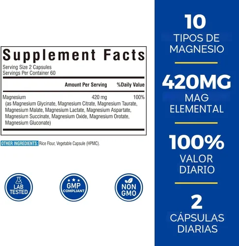Miniatura 2 de Vitalibre Complejo de magnesio 10 en 1, 420 mg de magnesio elemental, ultra fuerza, máxima absorción, suplemento de magnesio quelado para nervios