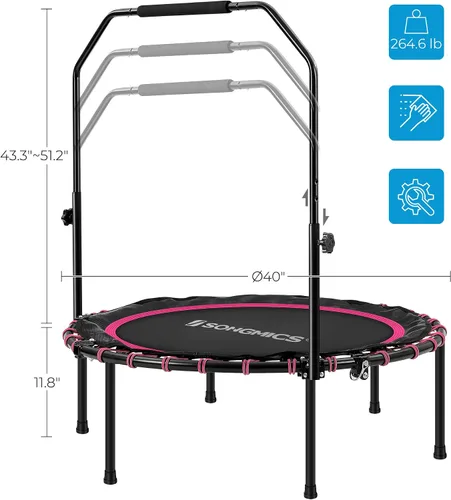 Miniatura 6 de SONGMICS Mini trampolín de fitness de 40 pulgadas, rebote de fitness con pasamanos ajustable, trampolín plegable para entrenamiento en casa, carga
