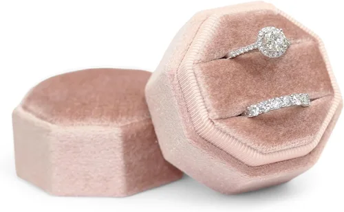 BLUTETE Caja de terciopelo con 2 ranuras para joyería, caja de compromiso, boda, caja de recuerdo, anillo de foto nupcial, octágono de doble ranura