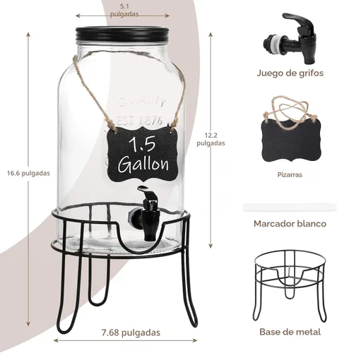 Miniatura 2 de Dispensadores de bebidas de vidrio de 1.5 galones para fiestas, dispensadores de bebidas heladas con soporte, dispensador de agua de vidrio