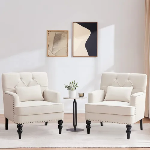 HUIMO Juego de 2 sillas de club capitoné, sillas decorativas con cojín lumbar, sillón tapizado con botones, sillas de tela para dormitorio, sala de