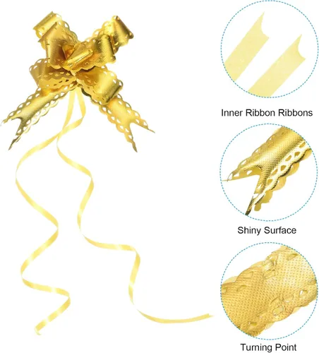 Miniatura 4 de PATIKIL Lazos iridiscentes de 2.2 pulgadas, paquete de 40 lazos de cuerda para envolver regalos, corbatín decorativo para bodas, fiestas, Tono dorado