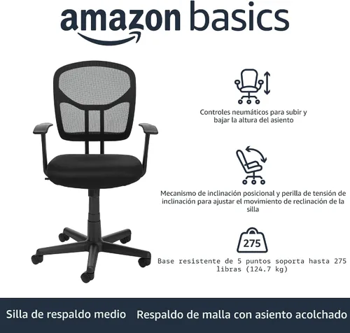 Miniatura 4 de Amazon Basics Silla de escritorio de oficina de malla transpirable con apoyabrazos, soporte lumbar, giro de 360 grados, altura ajustable, color negro