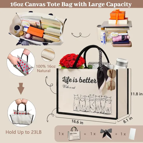 Miniatura 8 de Cute Tote Bags, 16Oz, 3 Pockets, Cat Large Canvas Tote Bags for Women, Anti-Scratch Lining Large Tote Bag with Zipper