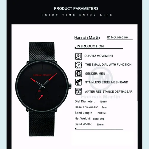 Miniatura 3 de HANNAH MARTIN Reloj de pulsera ultrafino negro para hombre, vestido impermeable de moda, correa de acero inoxidable