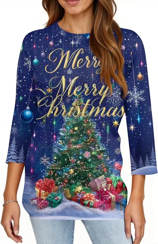 Miniatura 32 de Camisetas de manga 3/4 para mujer, cuello redondo, holgadas, casuales, con estampado floral, camisetas de moda para el trabajo de negocios