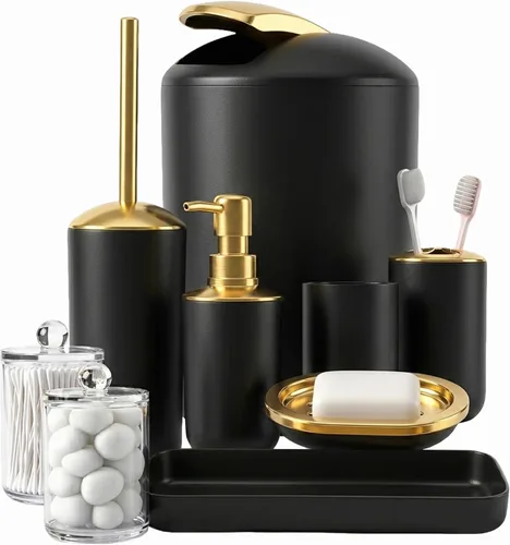 Miniatura 19 de BSSN Juego de 25 accesorios de baño negros y dorados con cortina de ducha y alfombras, basura, cepillo de inodoro, dispensador de jabón, soporte