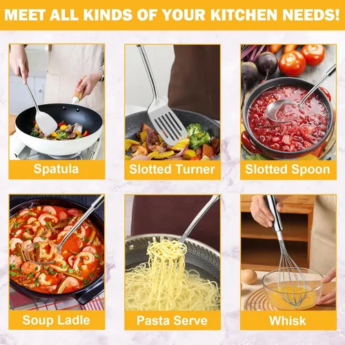 Miniatura 3 de Juego de 6 piezas de utensilios de cocina de acero inoxidable, utensilios de cocina con mango suspendido, espátula, espumadera, cucharón, cuchara