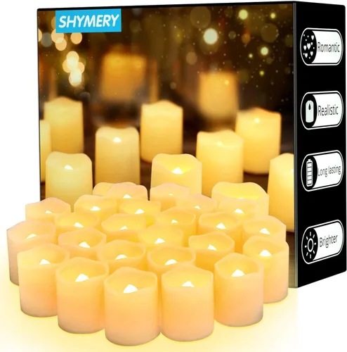 SHYMERY Velas votivas sin llama, paquete de 50 velas LED eléctricas parpadeantes falsas que funcionan con pilas, más de 200 horas de duración LED de