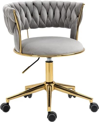 Miniatura 9 de NIOIIKIT Silla de Escritorio de Terciopelo con Respaldo Tejido a Mano, Silla de Tarea Giratoria 360° y Altura Ajustable, Silla de Maquillaje, Sillas